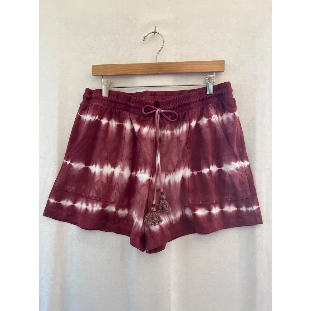 Knox Rose Womens Size L Shorts Wine Rayon Knit‎ Tie Dye Elastic Drawstring Hippy